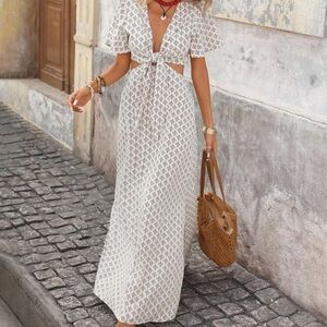 Bohemian Geo Print Cut Out Tie Front Maxi Dress XS S M L XL